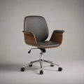 Sedia da tavolo girevole regolabile in altezza con braccioli, rivestimento nero, guscio in legno finitura noce, base in acciaio cromato, 64 × 62 × 88-98 cm