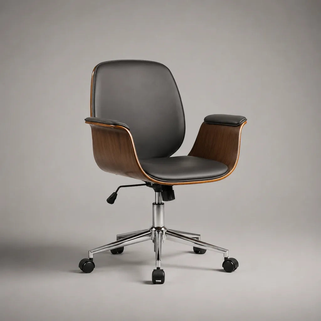 Sedia da tavolo girevole regolabile in altezza con braccioli, rivestimento nero, guscio in legno finitura noce, base in acciaio cromato, 64 × 62 × 88-98 cm