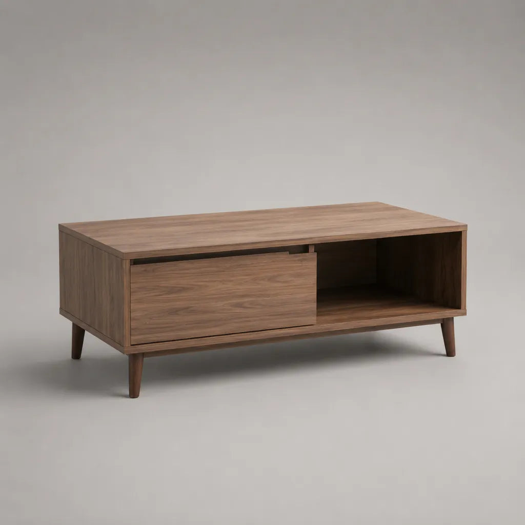 Tavolo basso rettangolare in noce marrone MDF con porta scorrevole e nicchia, 100 × 50 × 45 cm