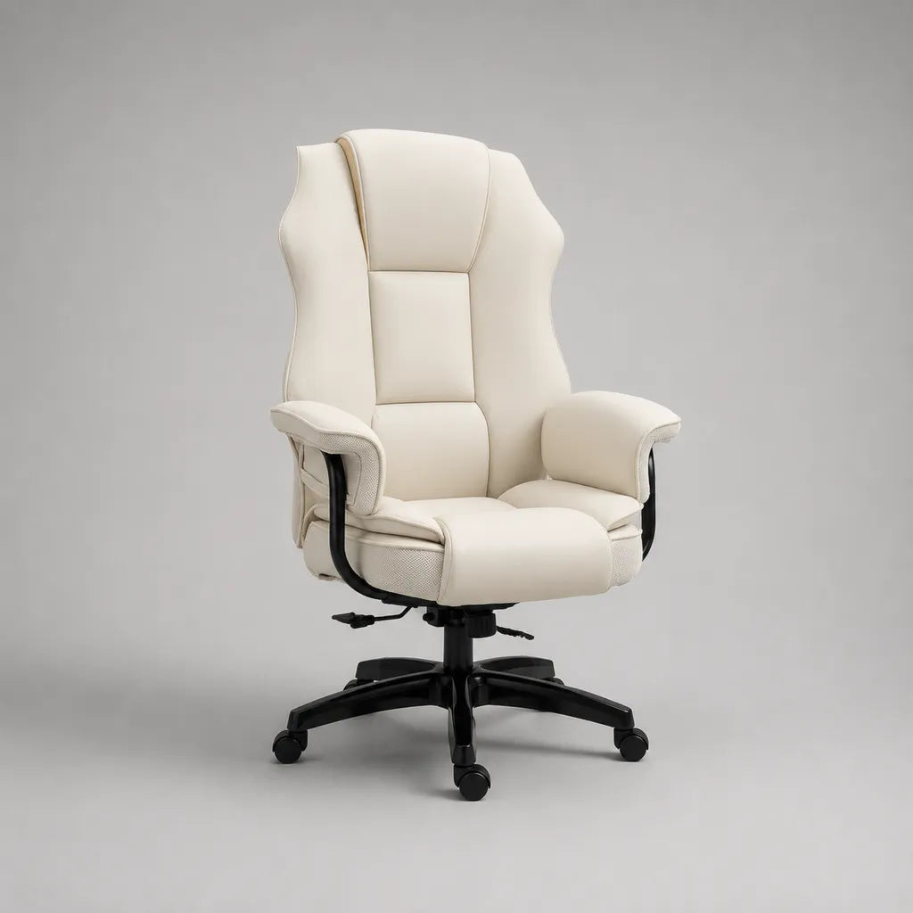 Sedia da tavolo girevole regolabile in altezza in pelle crema e metallo nero, 65 × 72 × 112-122 cm