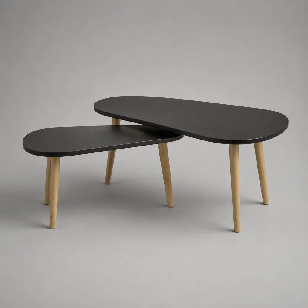Set di 2 tavolini in MDF e eva solida, organici, neri e naturali, 100 × 50 × 45 cm e 80 × 45 × 38 cm