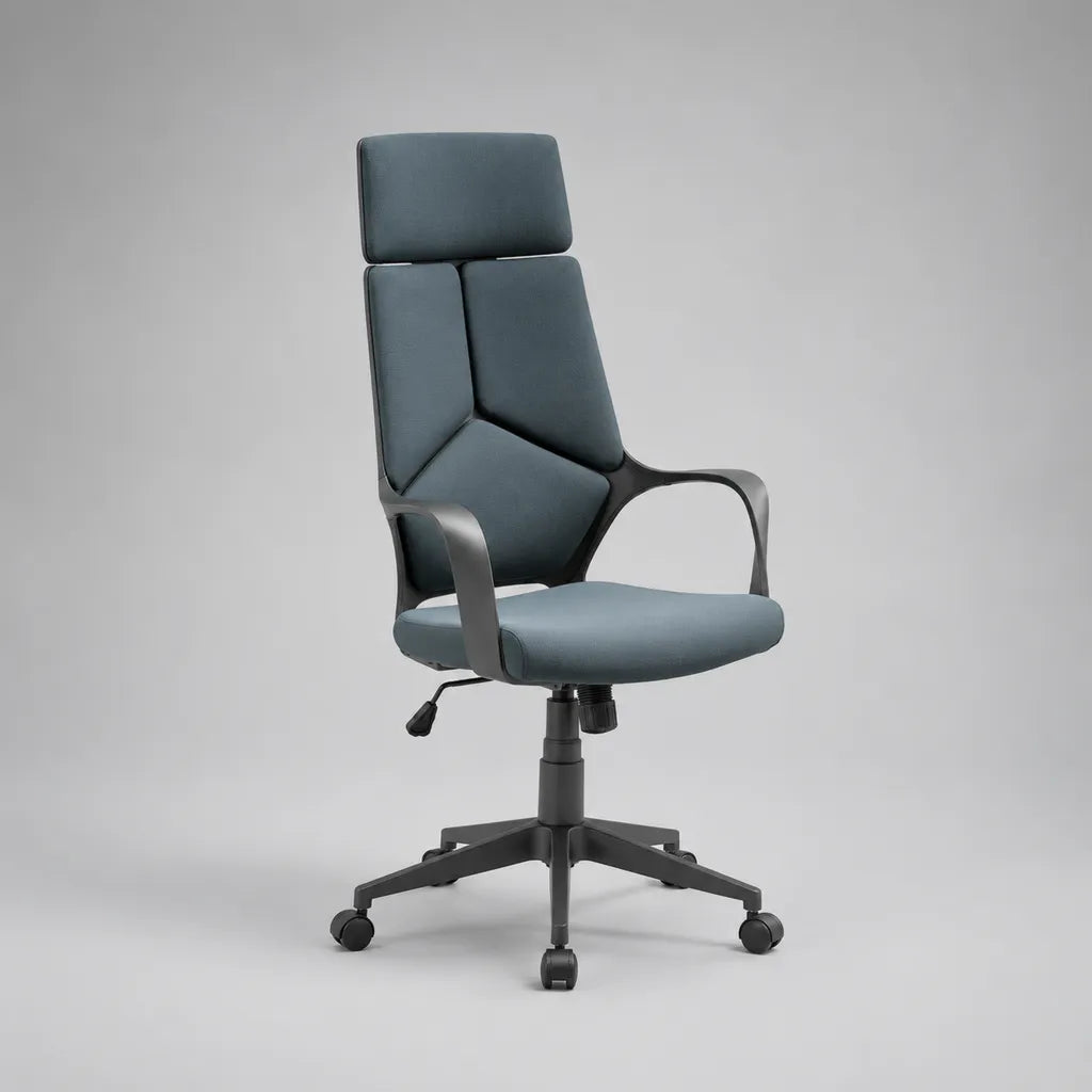 Sedia girevole regolabile in tessuto blu-grigio e metallo nero, 64 × 68 × 116-126 cm