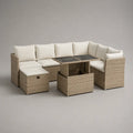 Lounge da giardino a 8 posti in resina intrecciata PE e acciaio con tavolo in vetro estraibile, taupe beige, crema e nero, 228 × 172 × 75 cm