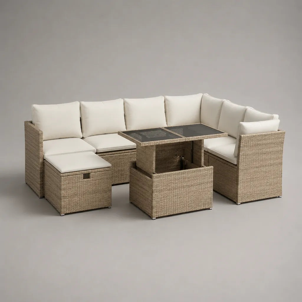 Lounge da giardino a 8 posti in resina intrecciata PE e acciaio con tavolo in vetro estraibile, taupe beige, crema e nero, 228 × 172 × 75 cm