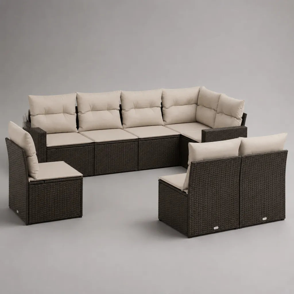 Set da giardino modulare 7 posti in resina intrecciata e metallo, marrone scuro e beige, 280 × 140 × 74 cm