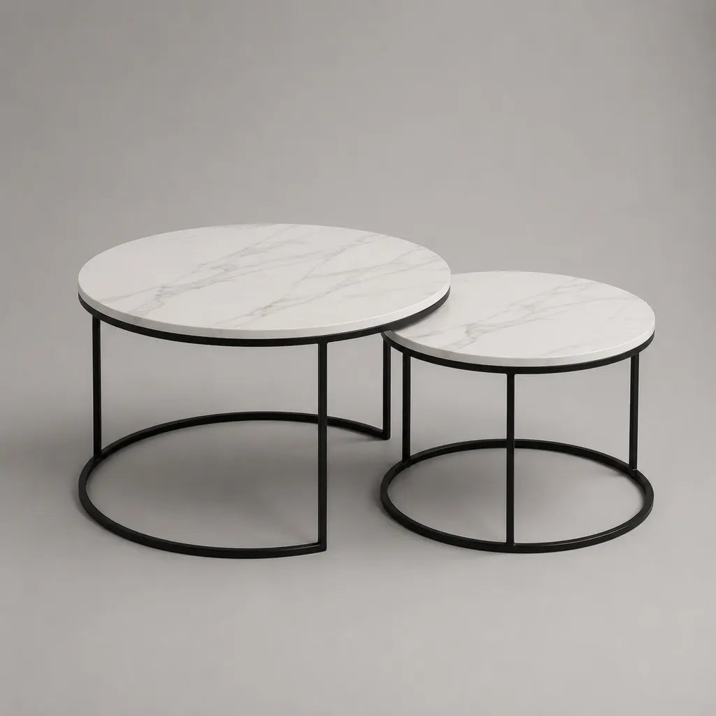 Set di 2 tavolini in resina rotonda e marmo in acciaio marmorizzati e neri, Ø 70 × H 45 cm e Ø 50 × H 38 cm