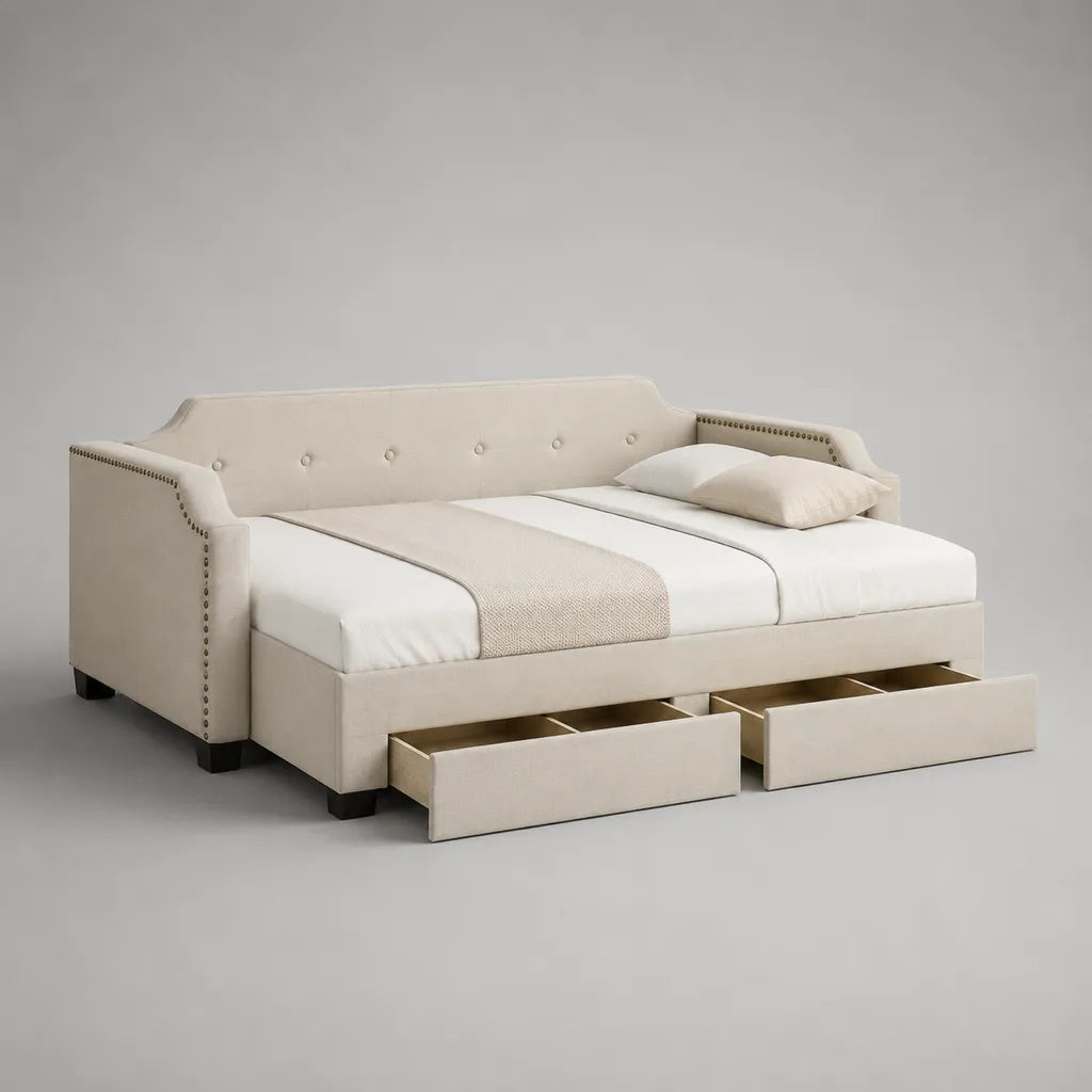 Divano letto 2 piazze in tessuto beige con 2 cassetti, letto 160 × 200 cm, dimensioni 218 × 168 × 90 cm