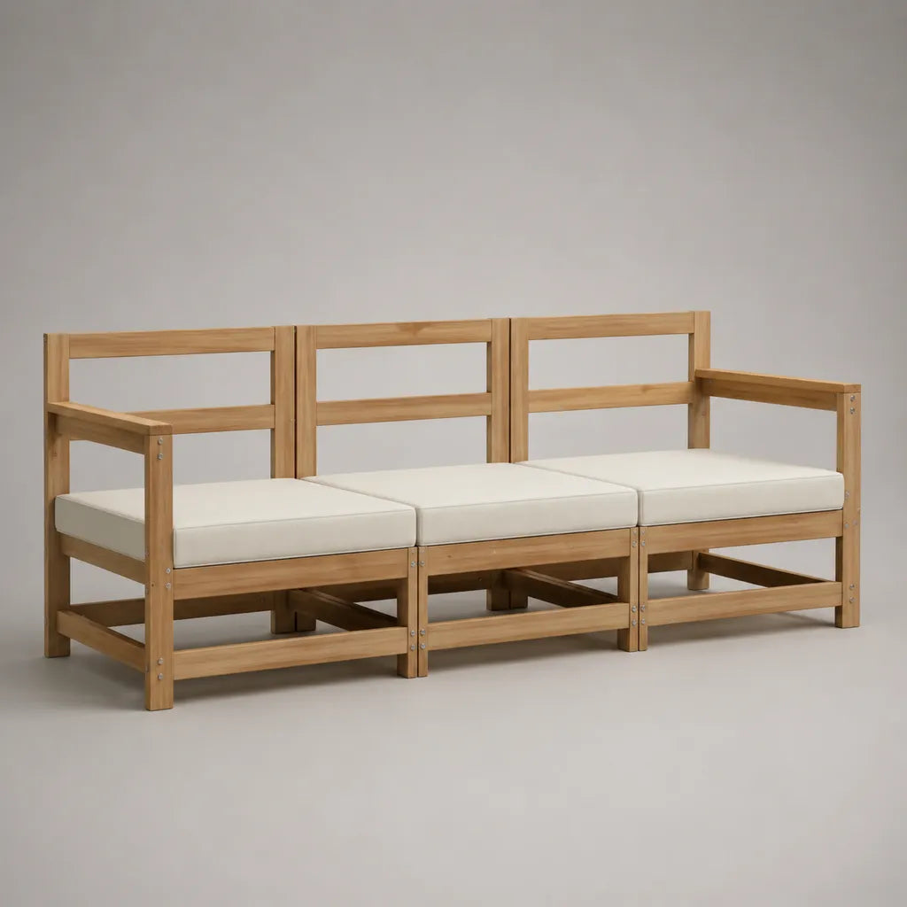 Divano da giardino a 3 posti con cuscini in poliestere ecru, 198 × 70 × 76 cm