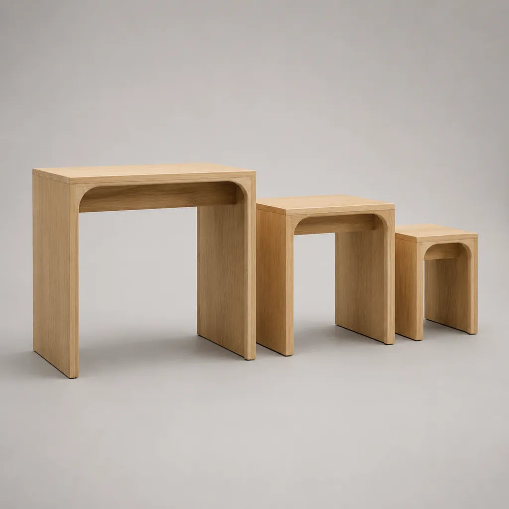 Set di 3 tavolini rettangolari in rovere naturale al quadrato MDF, 60 × 30 × 60 cm, 45 × 30 × 45 cm e 30 × 30 × 30 cm