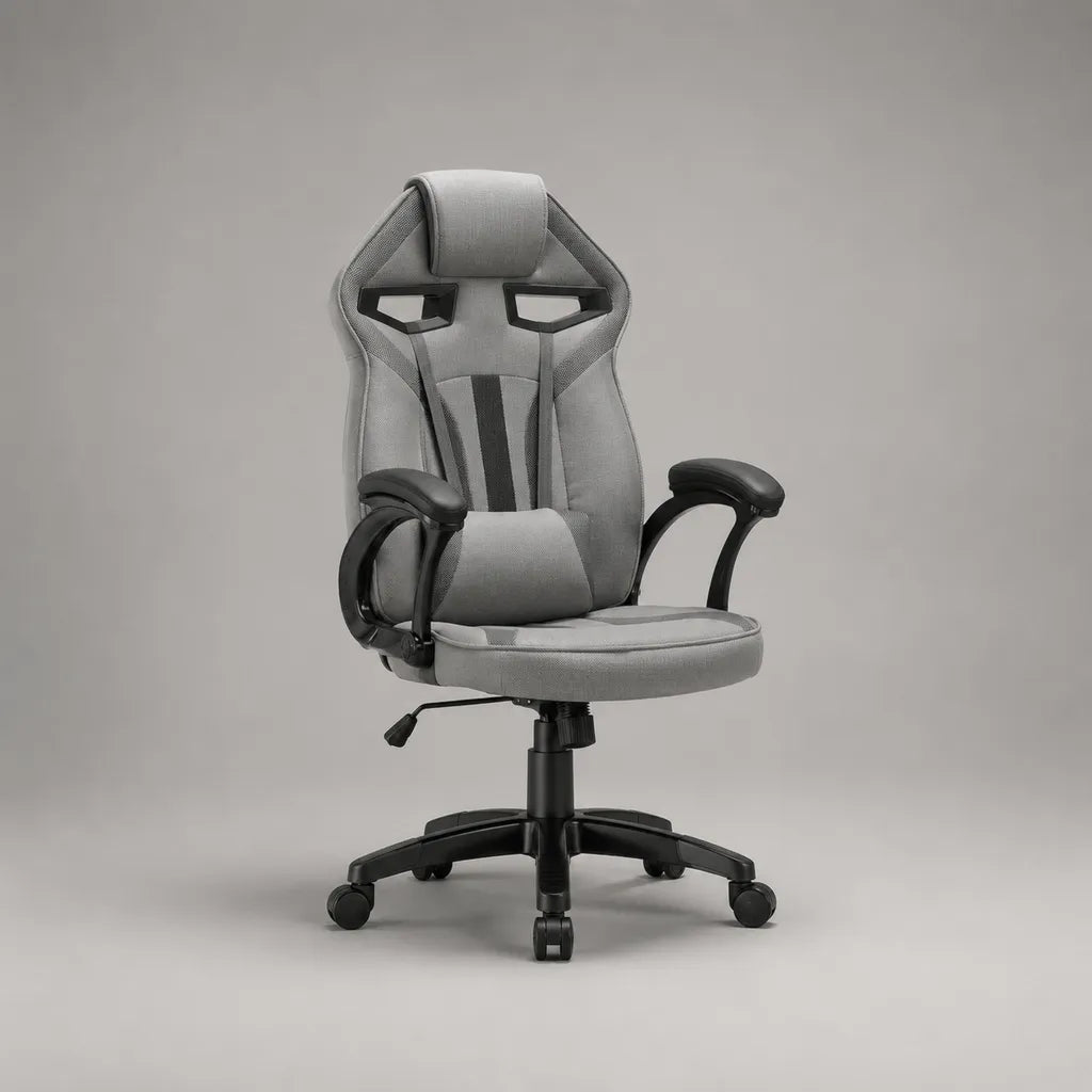 Sedia da tavolo girevole in tessuto e PU grigio e nero, 63 × 65 × 118-128 cm