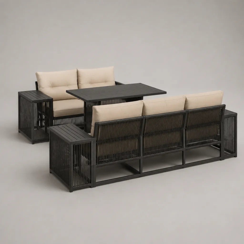 Set da pranzo da giardino 3 locali 5 posti in alluminio, corda e tessuto in polipropilene, nero e beige, 290 × 210 × 74 cm