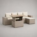 Lounge da giardino a 5 pezzi in resina intrecciata e acciaio con tavolo e cuscini taupe e crema, 230 × 170 × 75 cm
