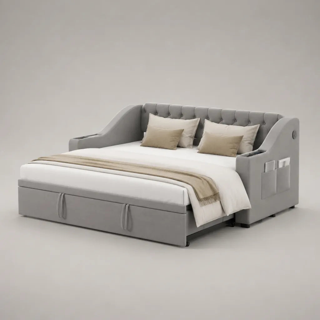 Divano letto rettangolare gigogne 2 posti in tessuto grigio, 205 × 96 × 90 cm, letto 160 × 190 cm