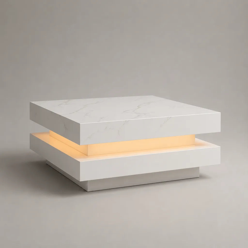 Tavolo basso quadrato MDF pannello in marmo bianco effetto con illuminazione a LED, 80 × 80 × 40 cm