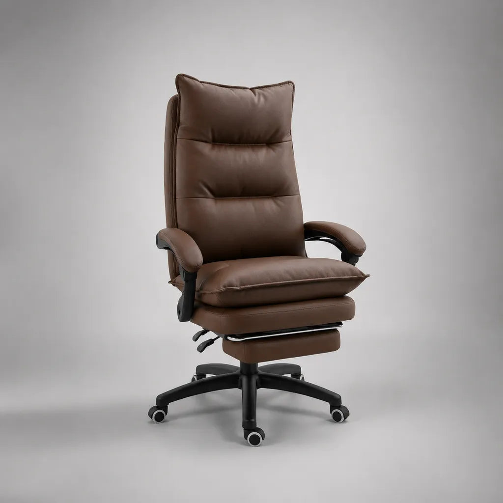 Sedia da tavolo girevole e inclinabile in pelle marrone e metallo nero con poggiapiedi, 68 × 72-105 × 112-122 cm