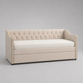 Divano letto 3 posti in velluto beige, imbottito, 214 × 98 × 92 cm, letto 190 × 180 cm