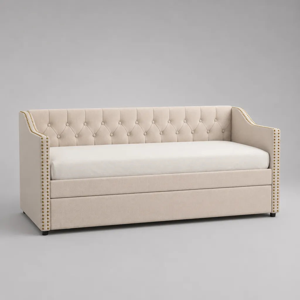 Divano letto 3 posti in velluto beige, imbottito, 214 × 98 × 92 cm, letto 190 × 180 cm