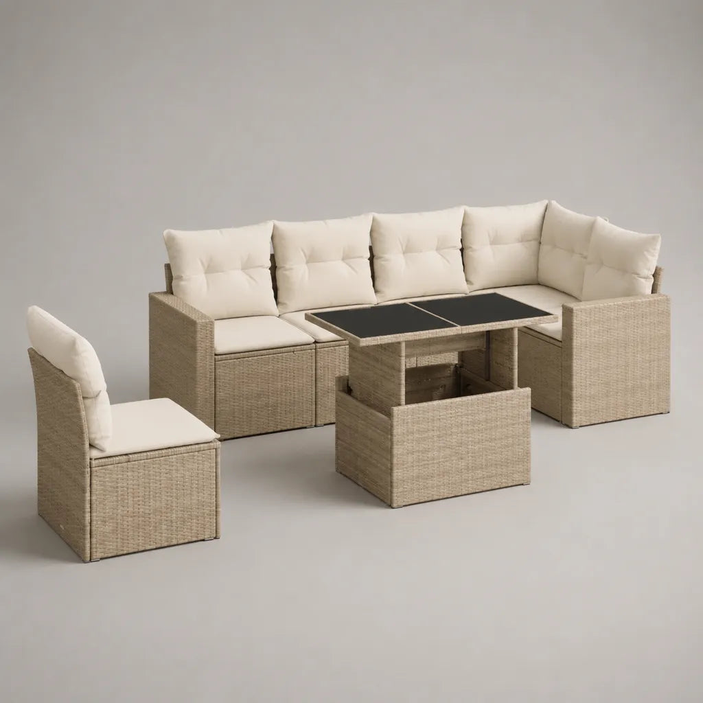 Angolo salone da giardino 7 pezzi in resina intrecciata e metallo, 6 posti a sedere, beige e crema, 246 × 202 × 82 cm, tavolo estraibile