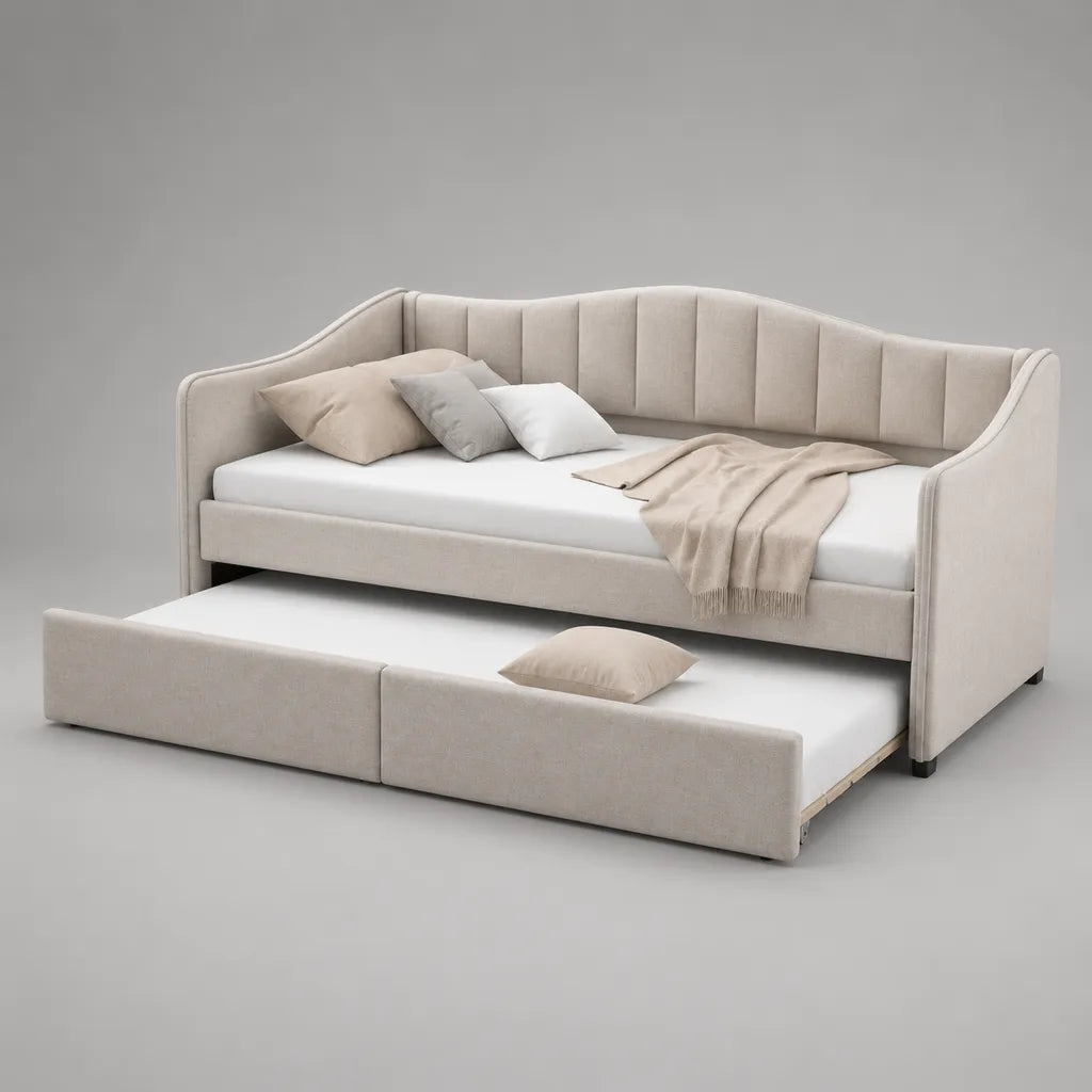 Divano letto zingaro 2 letti in velluto beige, 215 × 100 × 95 cm, 90 × 200 cm e 90 × 190 cm