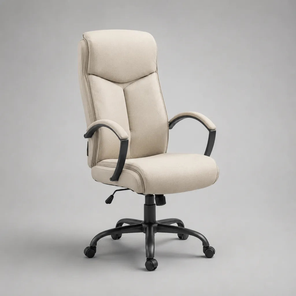 Sedia da tavolo girevole e inclinabile in tessuto beige e metallo nero, schienale alto, 68 × 70 × 110-120 cm
