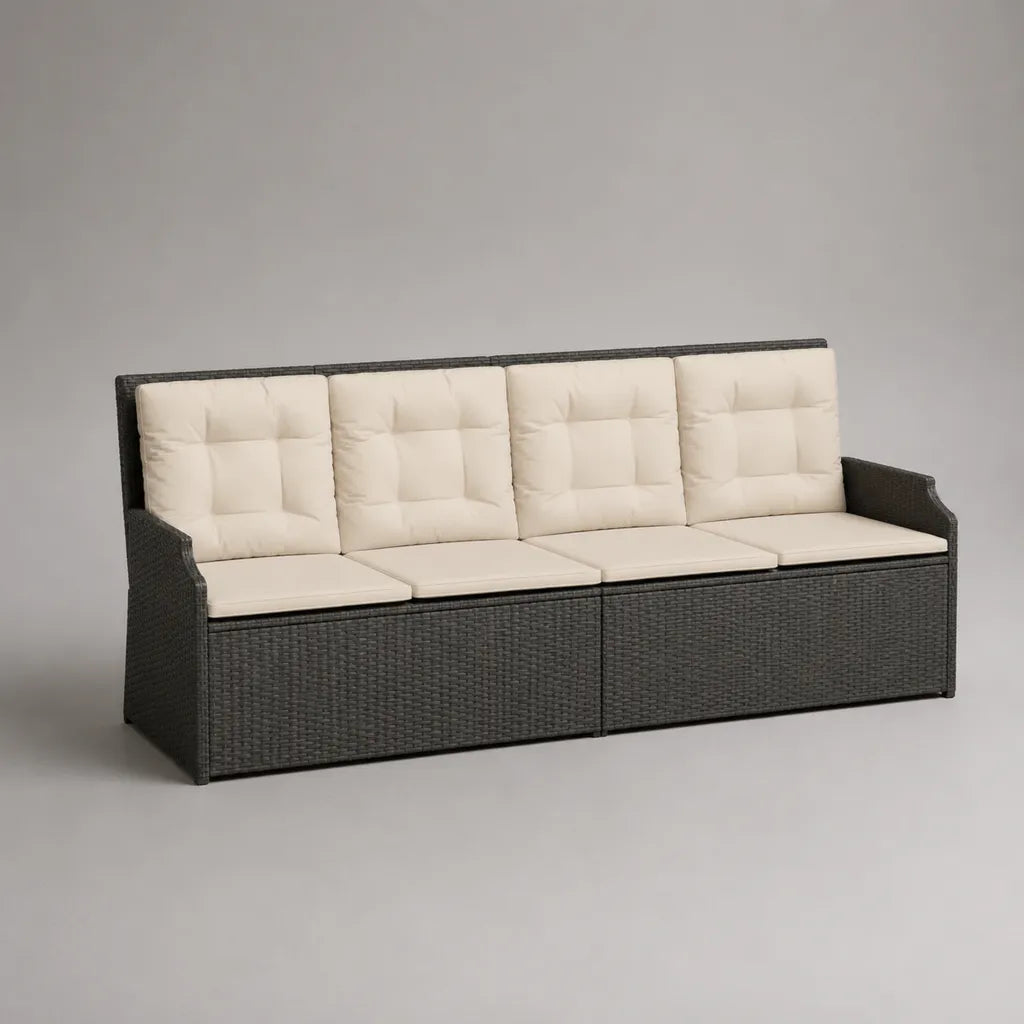 Divano da giardino a 4 posti con 2 contenitori in resina intrecciata PE e acciaio, antracite ed ecru, 240 × 65 × 88 cm