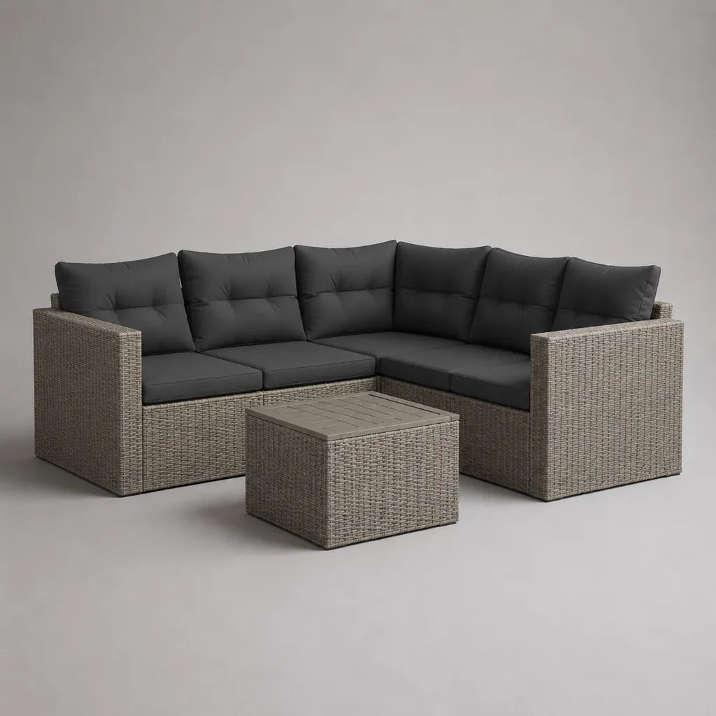 Set di 5 pezzi – Lounge da giardino angolare in resina grigia intrecciata, cuscini antracite e tavolino, 190 × 190 × 72 cm