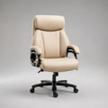 Sedia da tavolo girevole in PU beige e nero con schienale inclinabile, braccioli e ruote, 71 × 72 × 116-126 cm