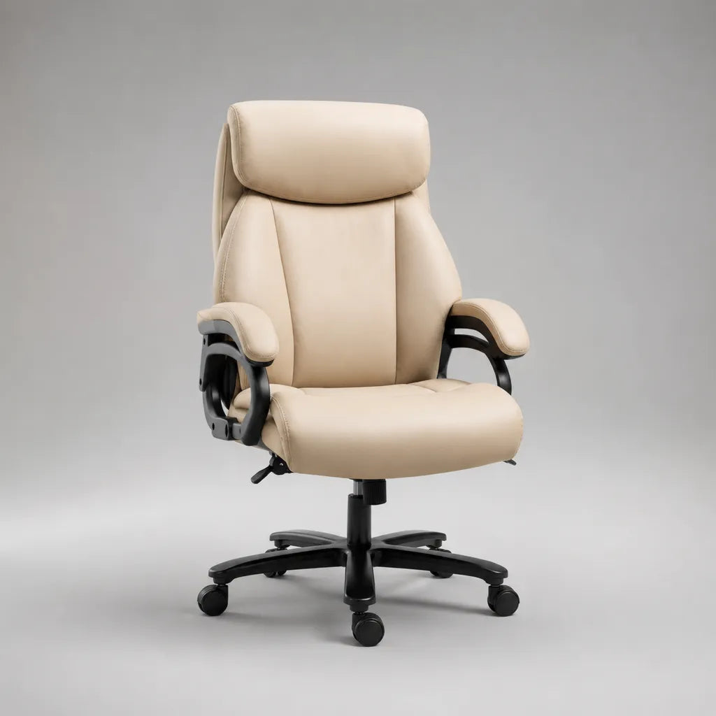 Sedia da tavolo girevole in PU beige e nero con schienale inclinabile, braccioli e ruote, 71 × 72 × 116-126 cm