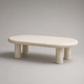 Tavolo basso in cemento in fibra di effetto travertino, forma organica, crema beige, 120 × 60 × 40 cm