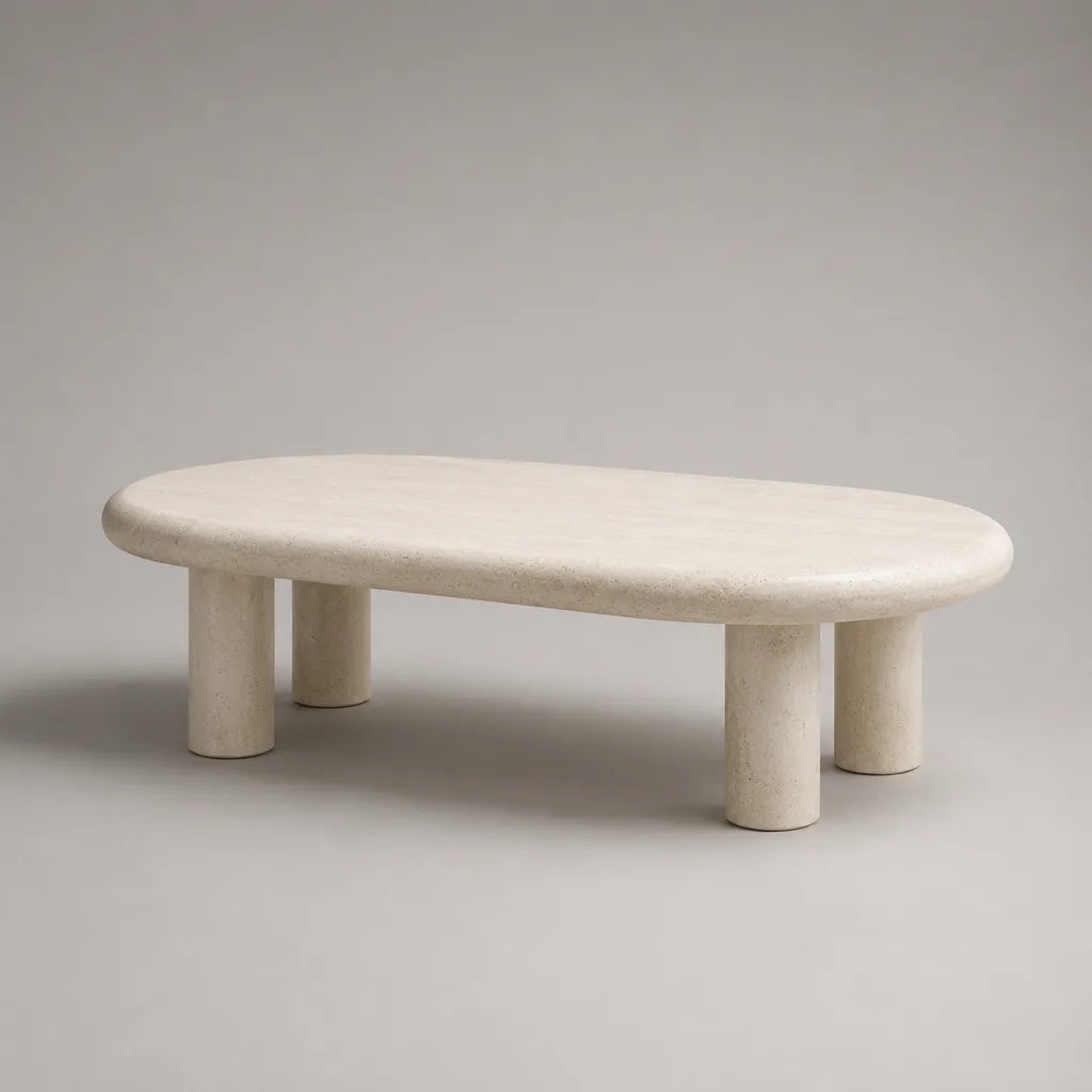 Tavolo basso in cemento in fibra di effetto travertino, forma organica, crema beige, 120 × 60 × 40 cm