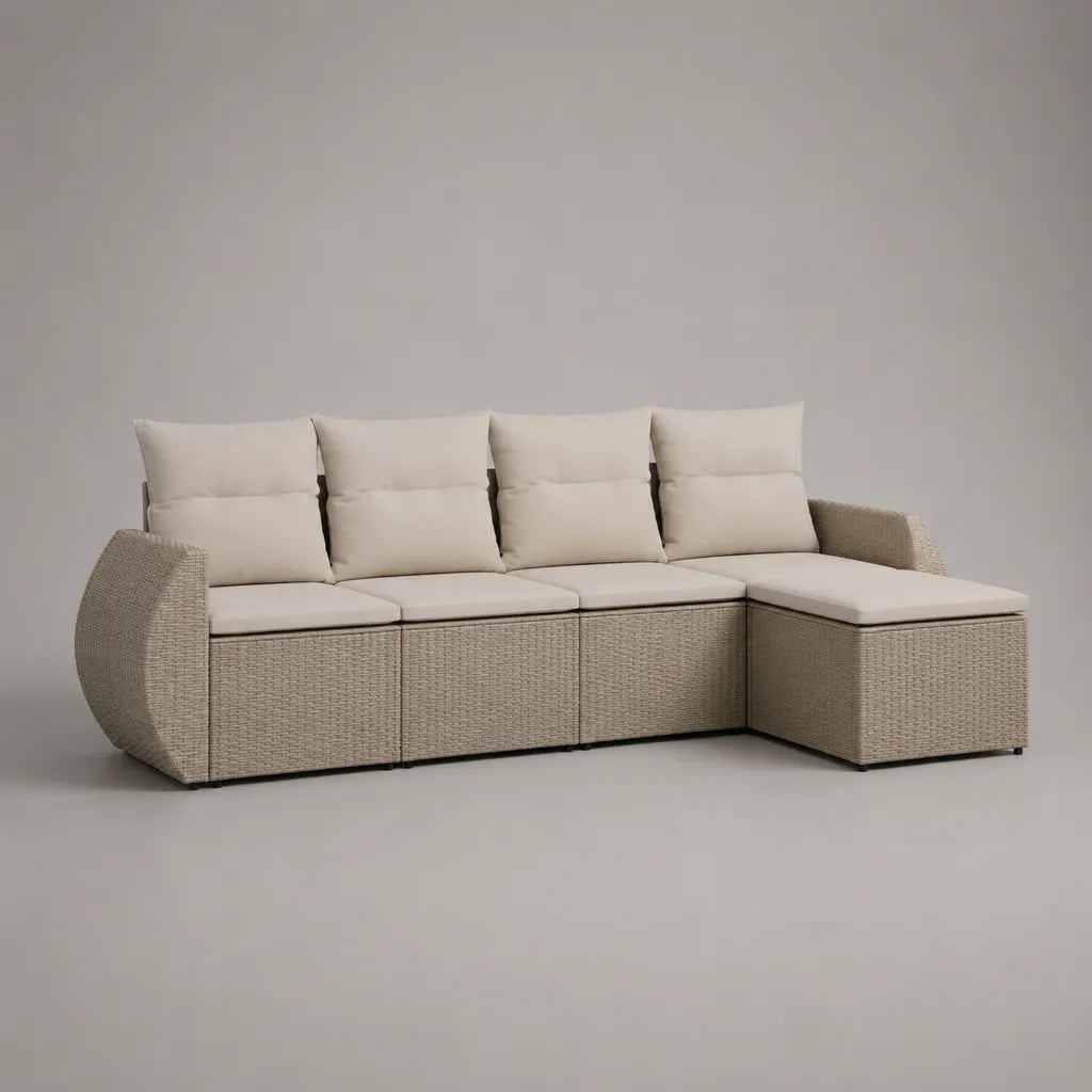 Divano da giardino angolo 4 posti in resina intrecciata beige con meridiano dritto, 270 × 150 × 83 cm