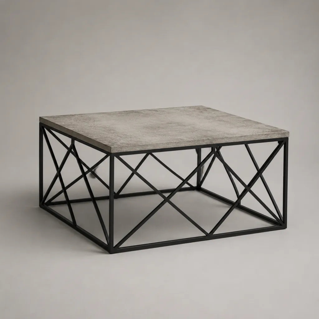 Tavolo basso quadrato in pannello MDF effetto cemento e acciaio nero, 80 × 80 × 45 cm